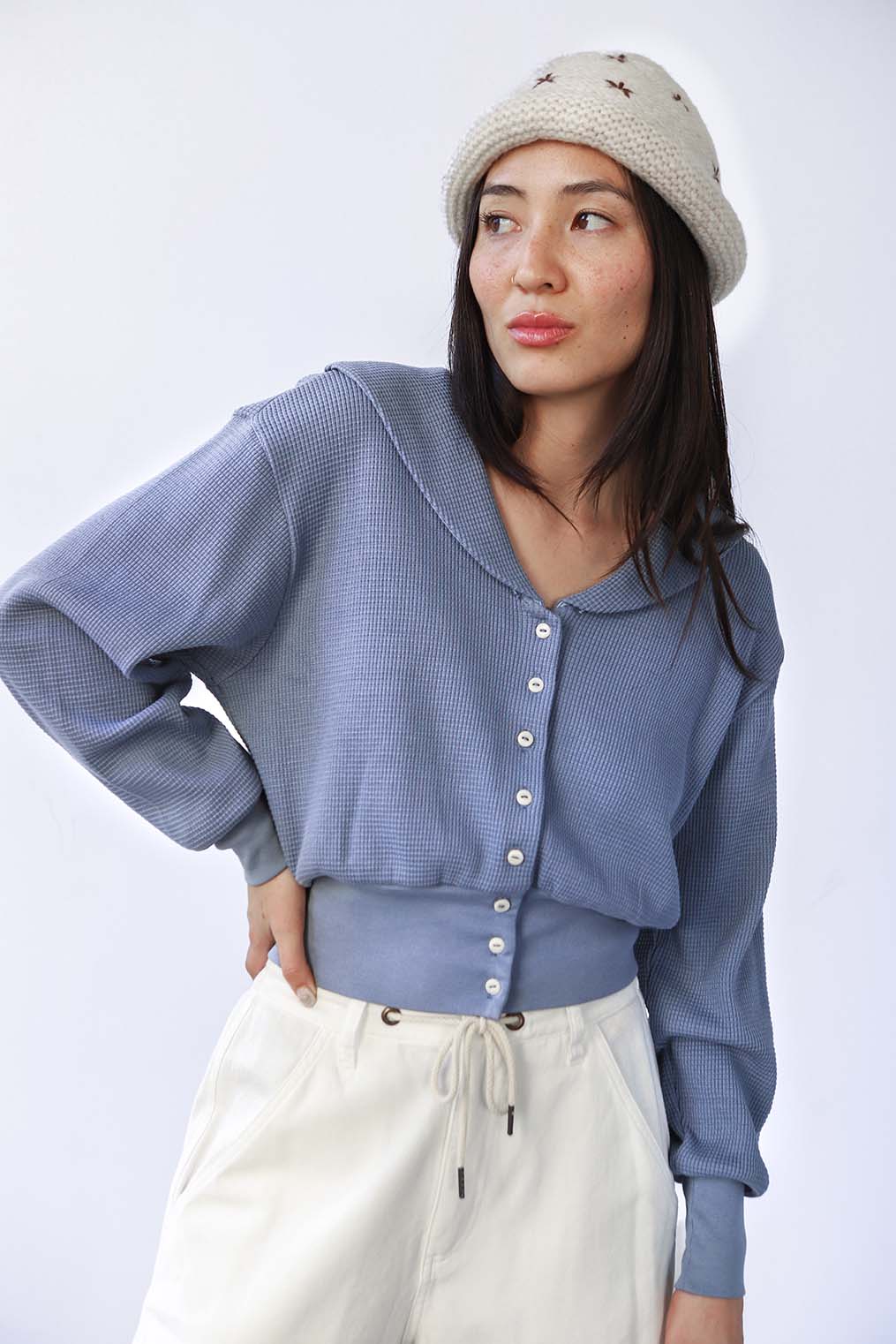 Noble Waffle Sailor Cardigan in Pebble Blue