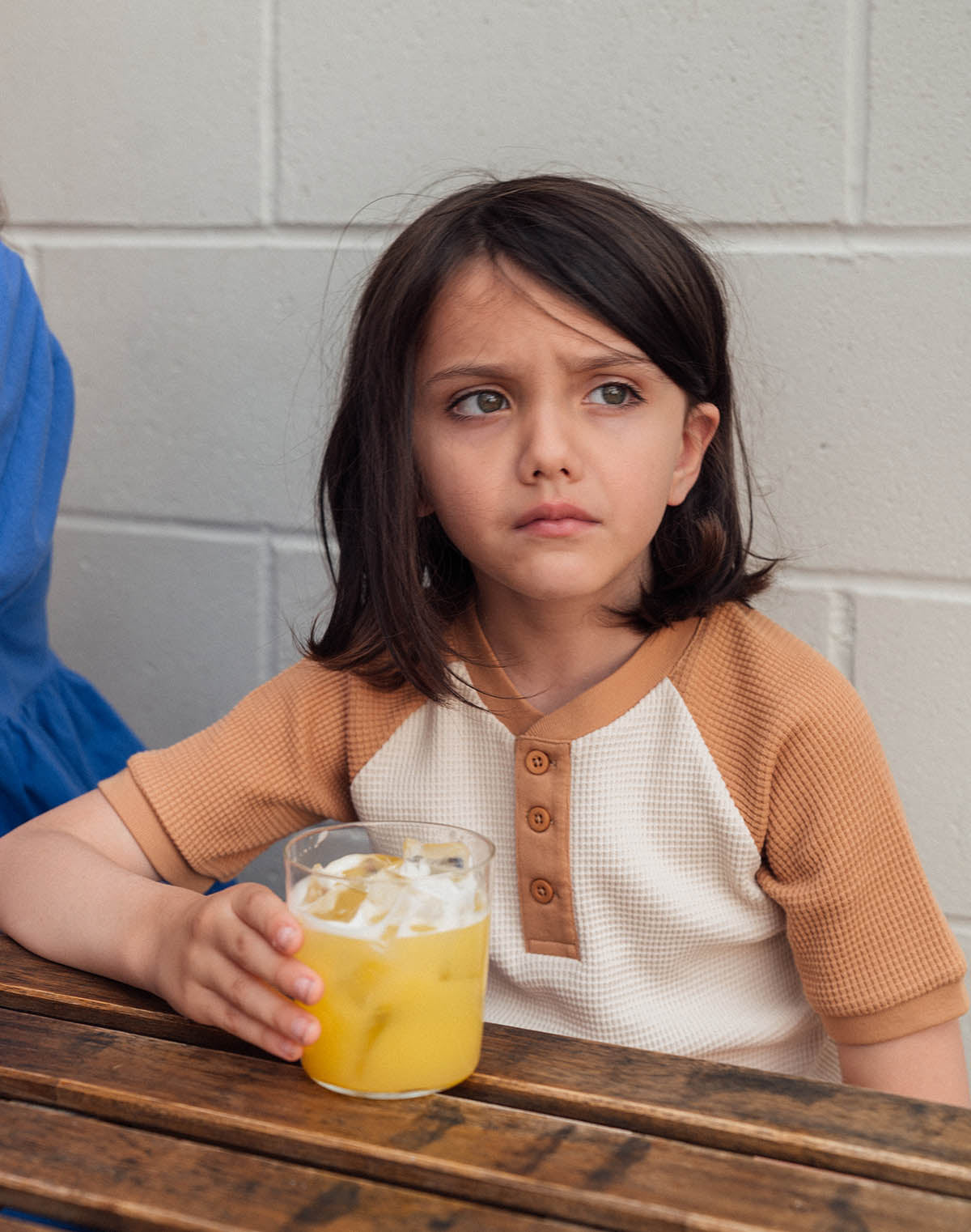 Noble Kids Waffle Henley Tee in Oat and Peanut Butter