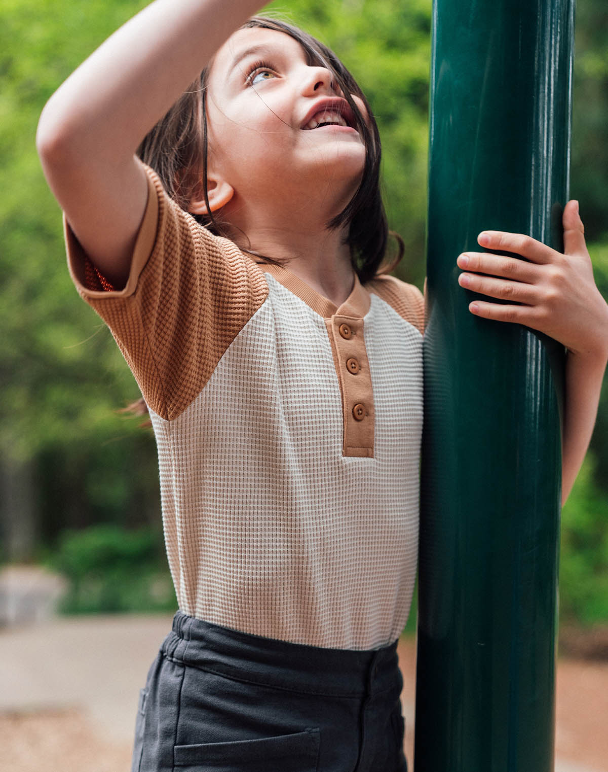 Noble Kids Waffle Henley Tee in Oat and Peanut Butter