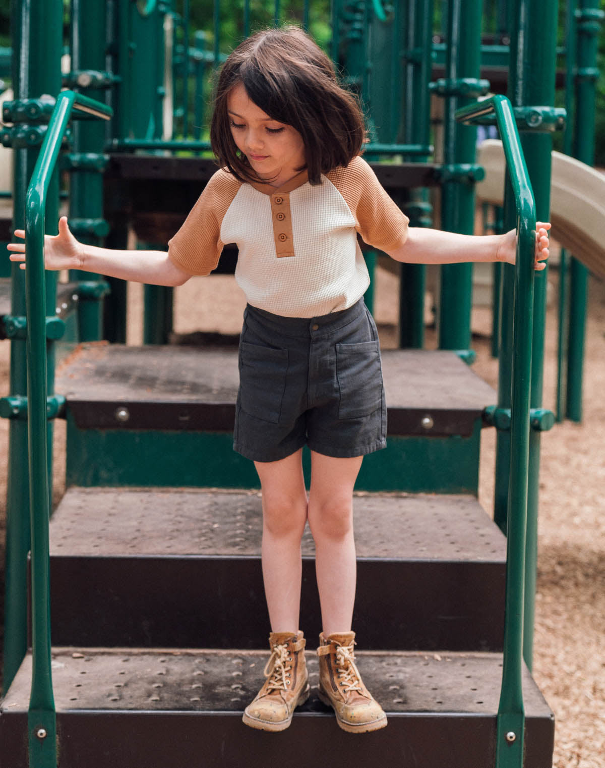 Noble Kids Waffle Henley Tee in Oat and Peanut Butter