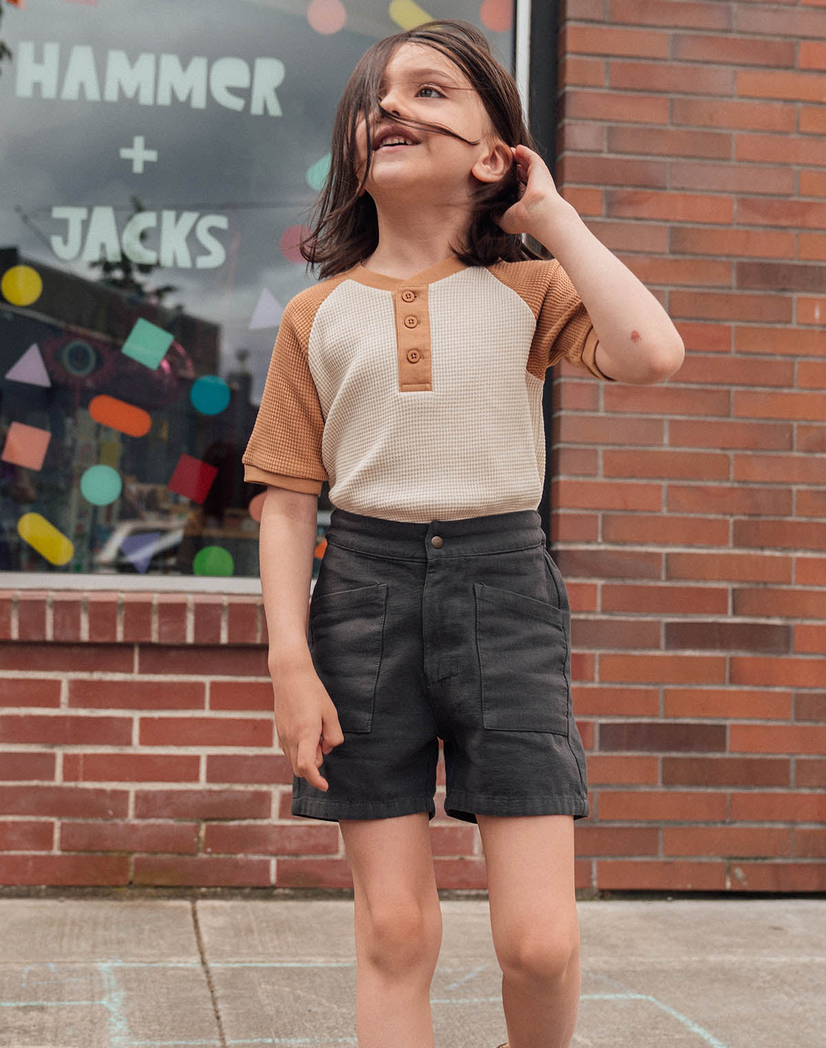 Noble Kids Waffle Henley Tee in Oat and Peanut Butter