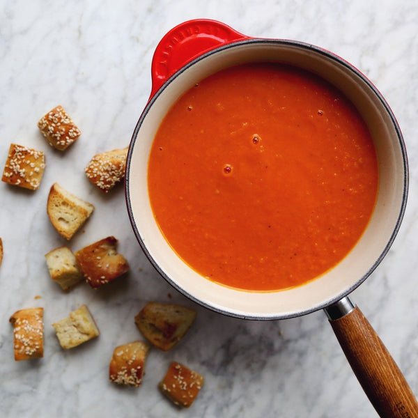 Smoked Tomato Soup with Bagel Croutons