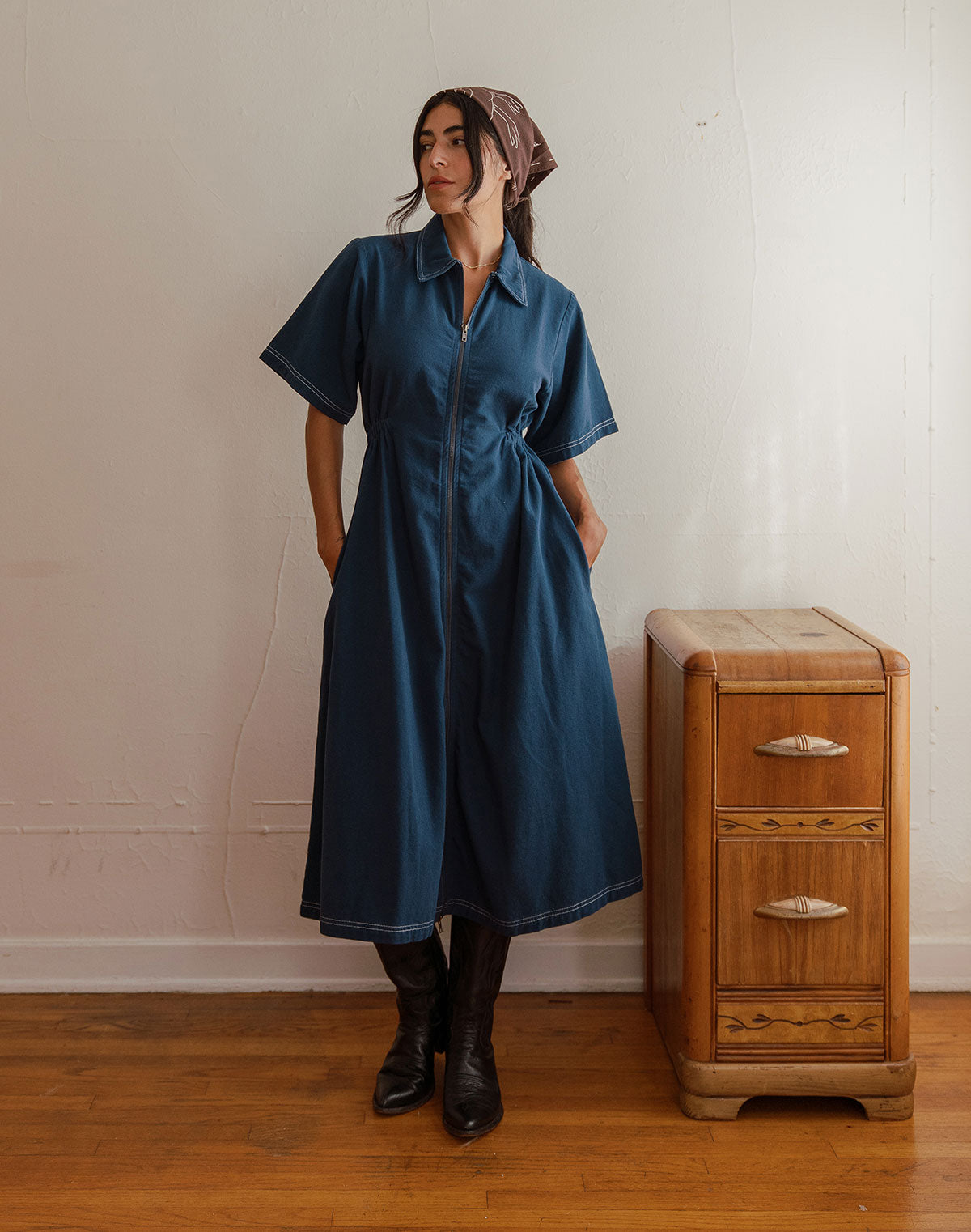 Noble Adult Long Utility Dress in Navy w/ Contrast Stitch