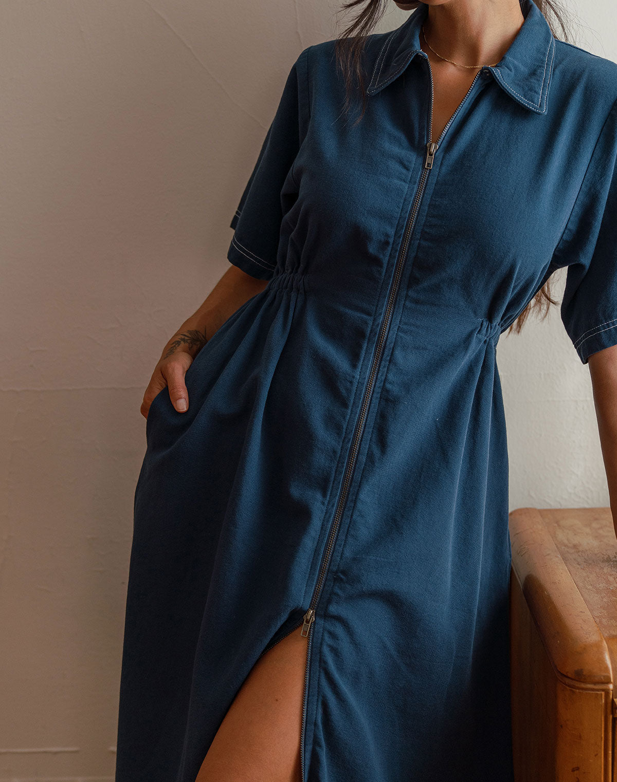 Noble Adult Long Utility Dress in Navy w/ Contrast Stitch