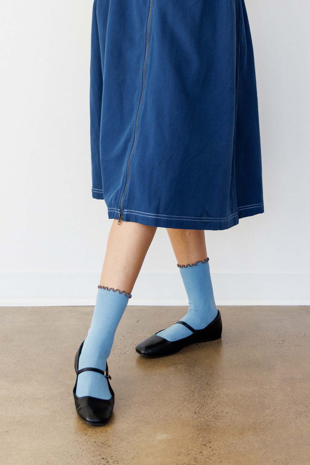 Ruffle Modal Sock - Powder Blue/Brown Edge