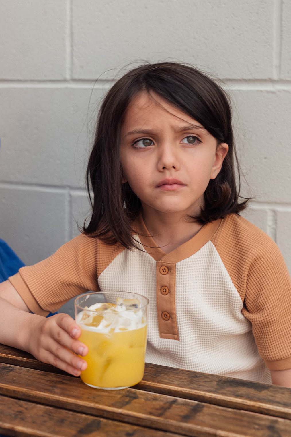 Kids Waffle Henley Tee in Oat and Peanut Butter