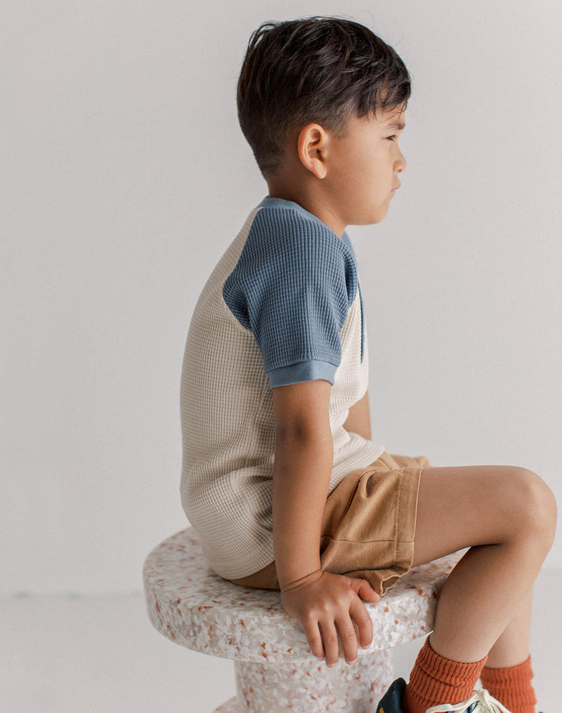 Noble Organic Waffle Henley Tee in Oat and Blue Moon